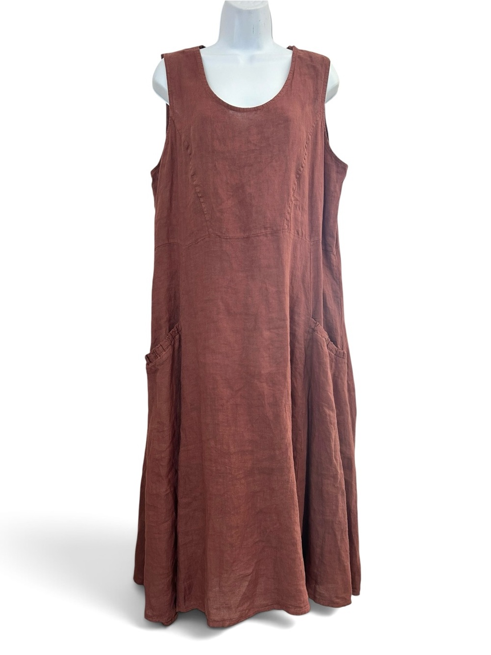 WoolOvers 100% Linen Sleeveless Pocket Midi Dress 12 Rust Brown Lagenlook